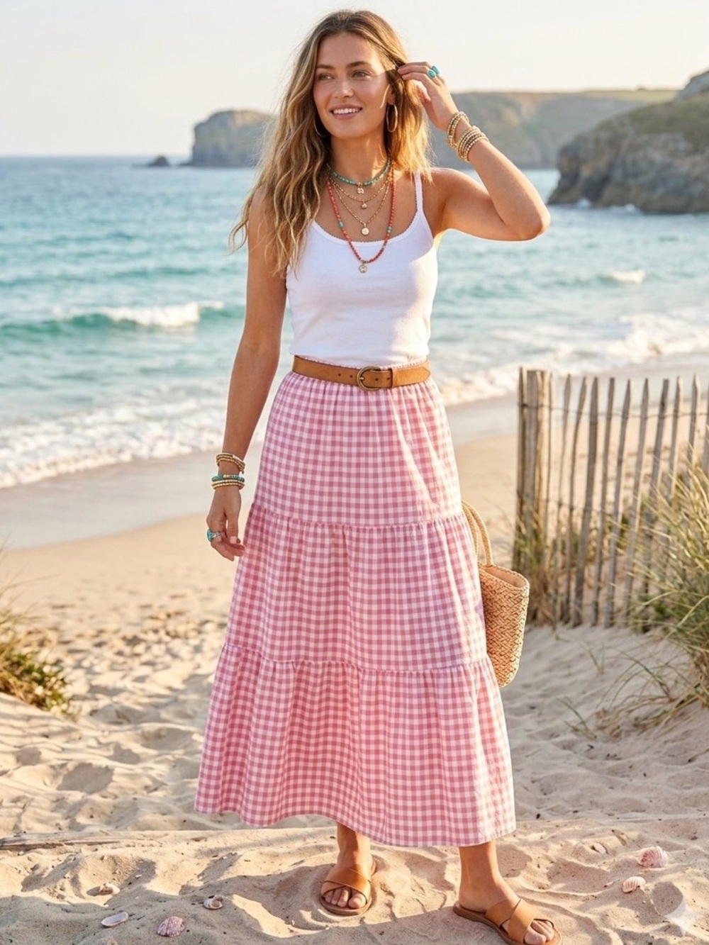 Princess Polly Pink Gingham Tiered A-Line Maxi Skirt